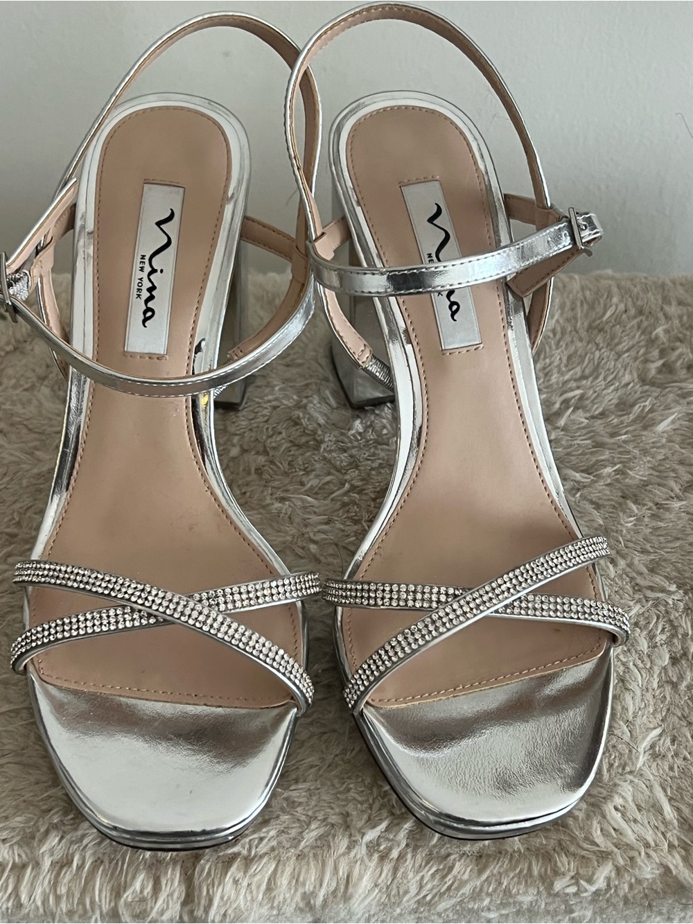 Nina Silver Rhinestone Strappy Block Heel Sandals